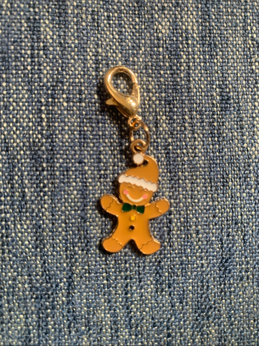 Gingerbread Charm Pendant for Kids - Gold Tone with Green Bow